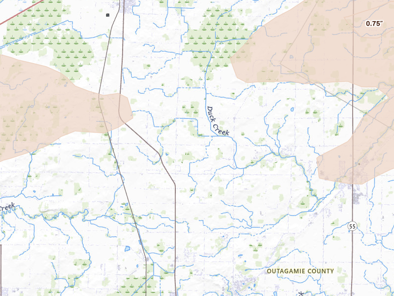 Radar-estimated hail-size map of the storm over Appleton, WI on Jun 30, 2026