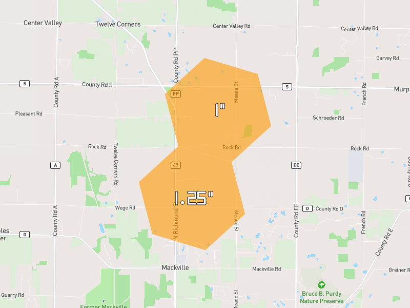 Hail map of Appleton, WI on Jul 1, 2026, hail up to 1.25"