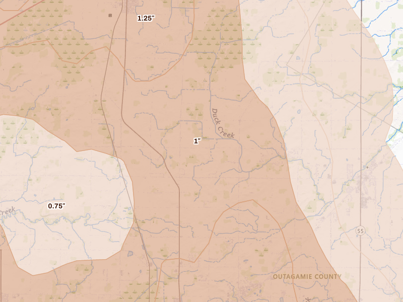 Radar-estimated hail-size map of the storm over Appleton, WI on Jul 27, 2026