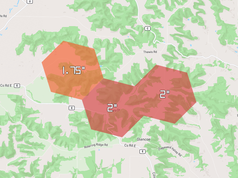 Hail map of Arcadia, WI on Jun 5, 2026, hail up to 2"