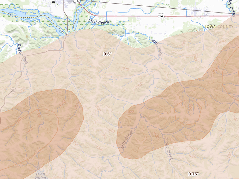 Radar-estimated hail-size map of the storm over Arena, WI