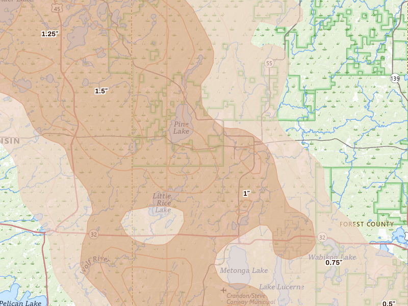 Radar-estimated hail-size map of the storm over Argonne, WI on Jul 27, 2026