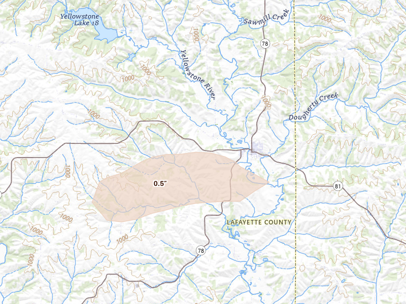 Radar-estimated hail-size map of the storm over Argyle, WI on Jul 1, 2026