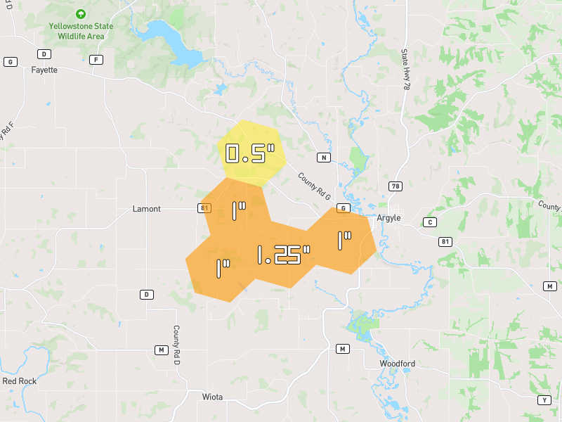 Hail map of Argyle, WI on Jul 1, 2026, hail up to 1.25"