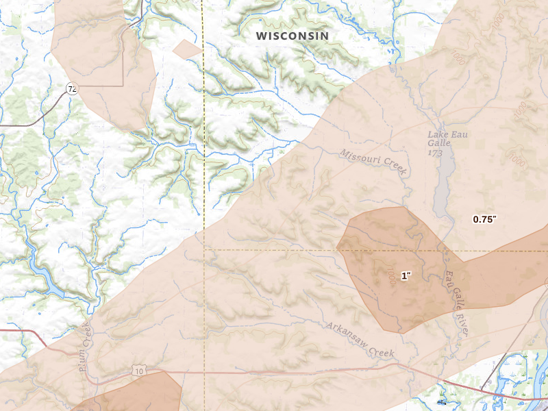 Radar-estimated hail-size map of the storm over Arkansaw, WI on Jun 10, 2026