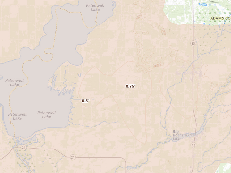 Radar-estimated hail-size map of the storm over Arkdale, WI on Mar 31, 2026