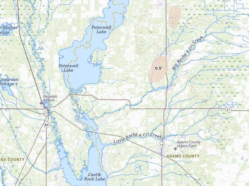 Radar-estimated hail-size map of the storm over Arkdale, WI on May 18, 2026