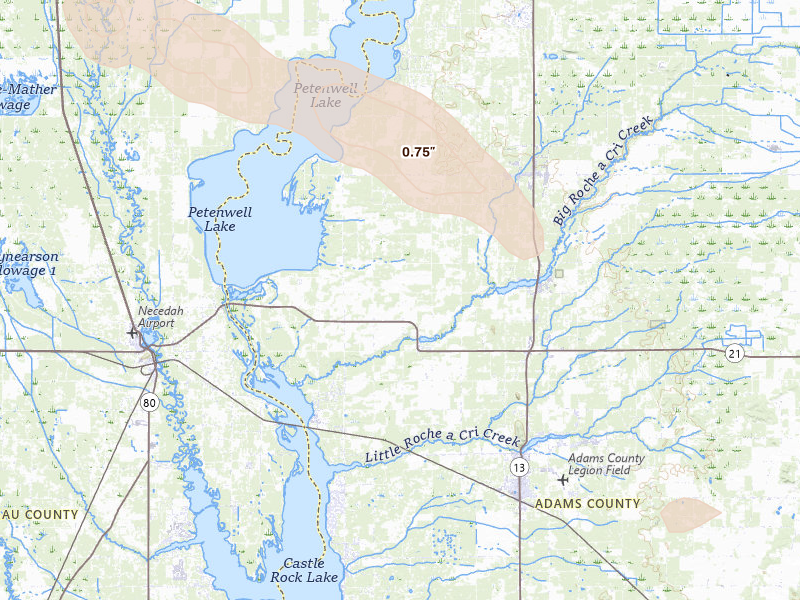 Radar-estimated hail-size map of the storm over Arkdale, WI on Jun 24, 2026