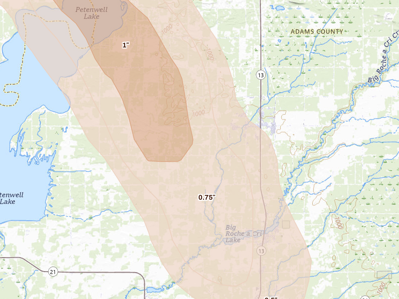 Radar-estimated hail-size map of the storm over Arkdale, WI on Aug 11, 2026