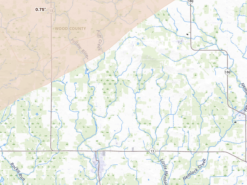 Radar-estimated hail-size map of the storm over Arpin, WI on Apr 17, 2026