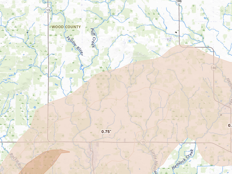 Radar-estimated hail-size map of the storm over Arpin, WI on Jun 30, 2026