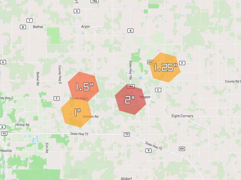Hail map of Arpin, WI on Jun 30, 2026, hail up to 2"