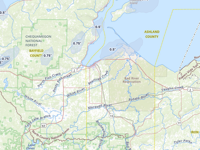 NEXRAD radar-signature map of the hail storm over Ashland, WI on Jun 28, 2026