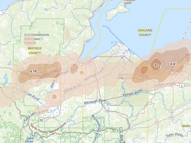 Radar-estimated hail-size map of the storm over Ashland, WI on Jun 29, 2026