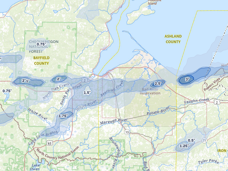 NEXRAD radar-signature map of the hail storm over Ashland, WI on Jun 29, 2026