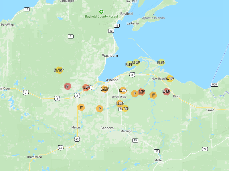 Hail map of Ashland, WI on Jun 29, 2026, hail up to 2.5"