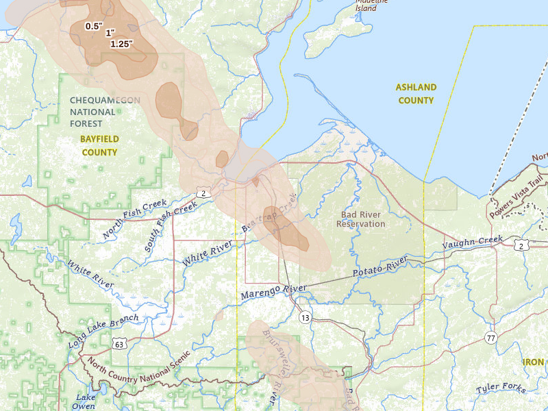 Radar-estimated hail-size map of the storm over Ashland, WI on Jul 17, 2026