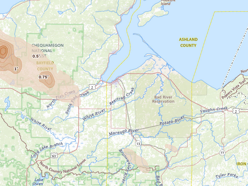 Radar-estimated hail-size map of the storm over Ashland, WI on Jul 26, 2026