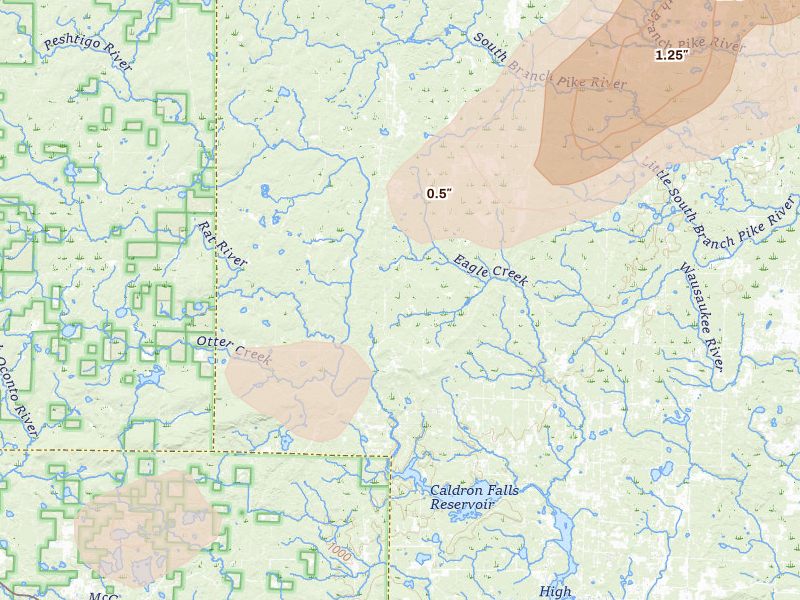 Radar-estimated hail-size map of the storm over Athelstane, WI on Jun 30, 2026
