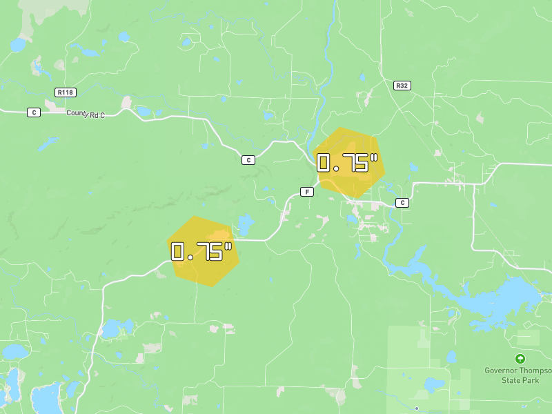 Hail map of Athelstane, WI on Jun 30, 2026, hail up to 0.75"
