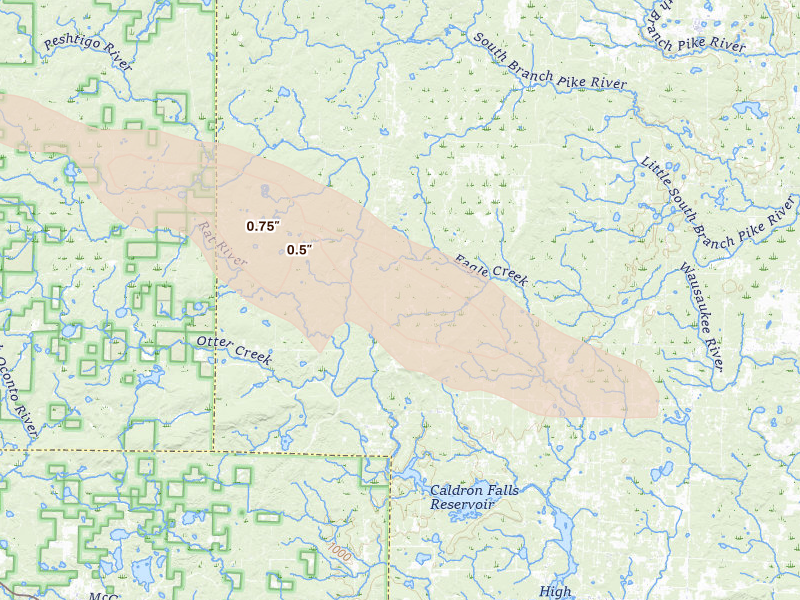 Radar-estimated hail-size map of the storm over Athelstane, WI on Jul 20, 2026