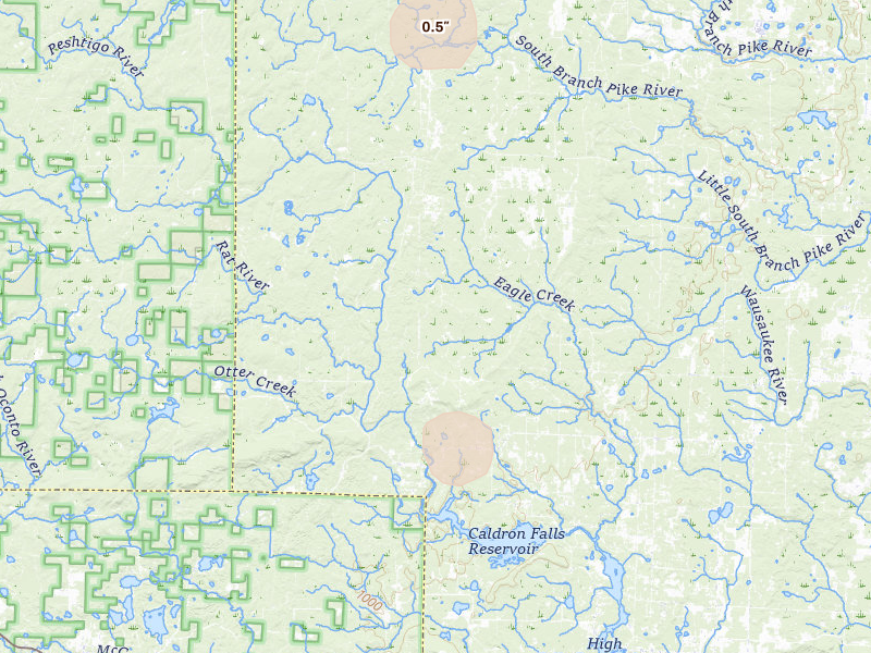 Radar-estimated hail-size map of the storm over Athelstane, WI on Jul 30, 2026