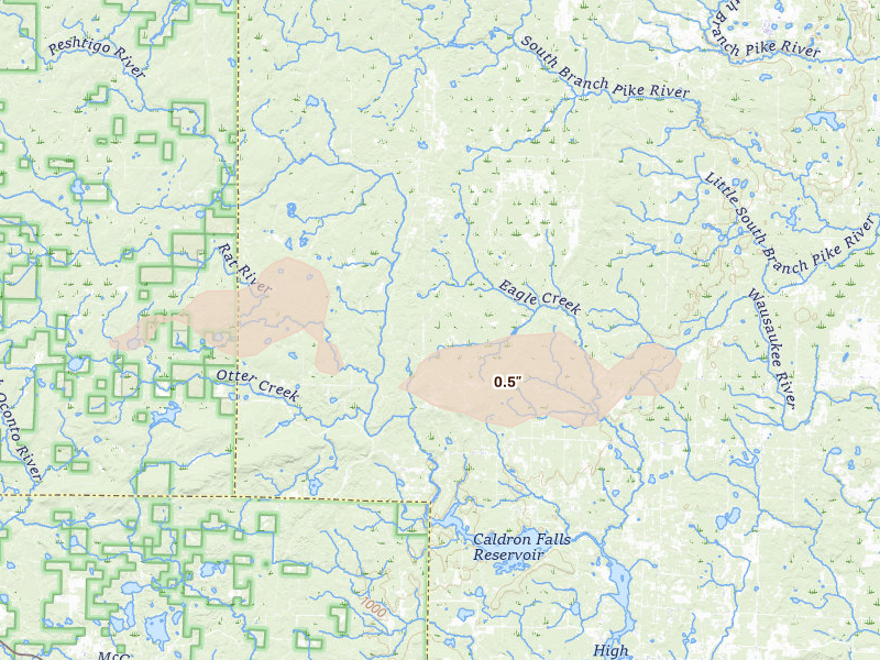 Radar-estimated hail-size map of the storm over Athelstane, WI on Aug 7, 2026
