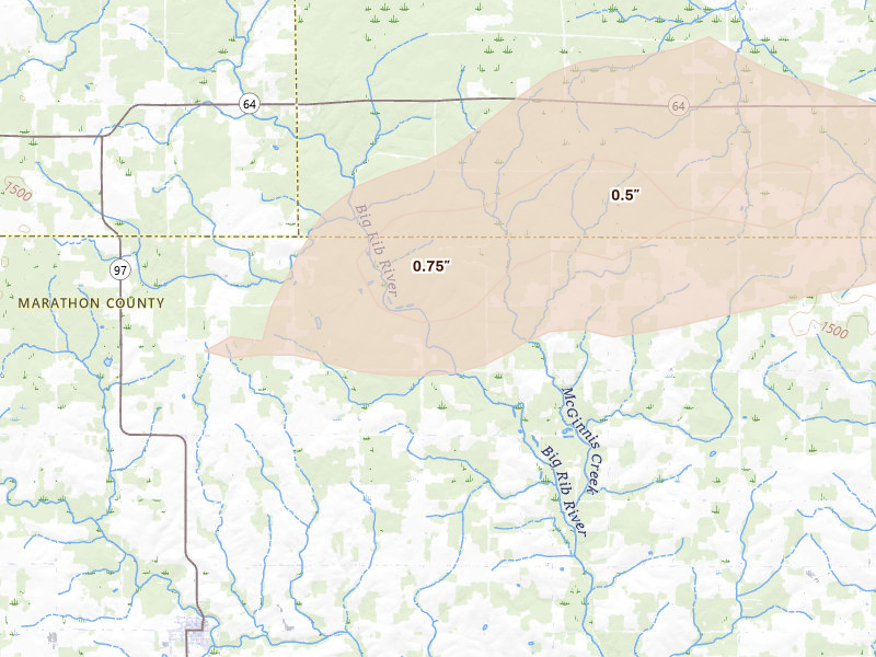 Radar-estimated hail-size map of the storm over Athens, WI on Apr 13, 2026