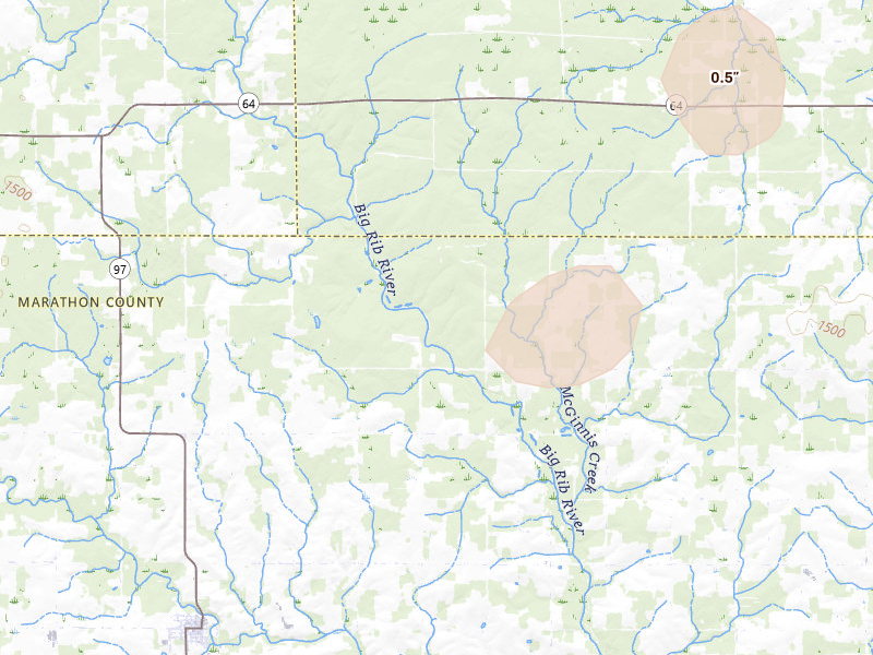 Radar-estimated hail-size map of the storm over Athens, WI on Apr 17, 2026