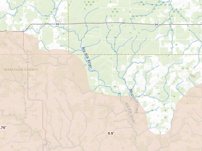 Radar-estimated hail-size map of the storm over Athens, WI on Jun 10, 2026