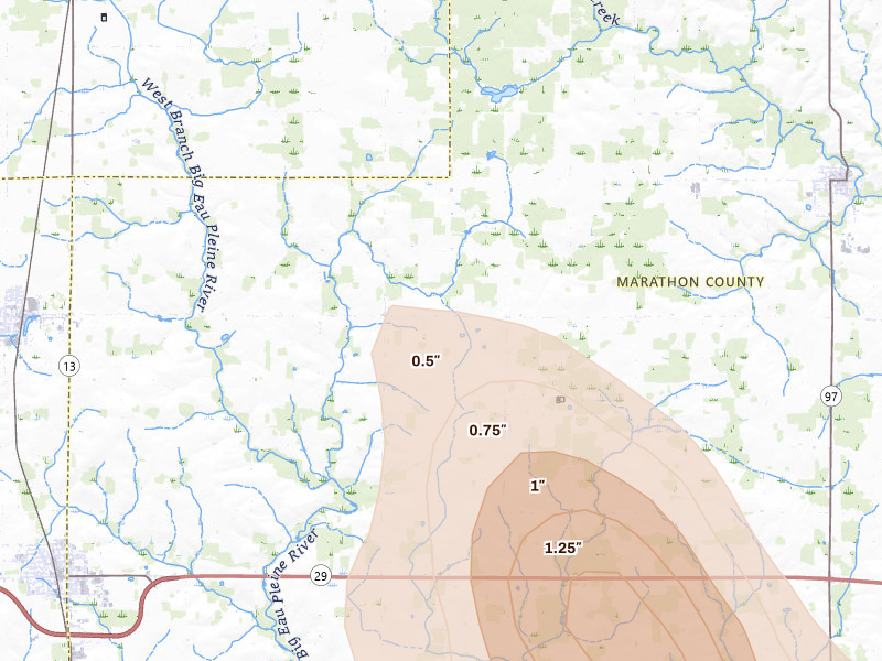 Radar-estimated hail-size map of the storm over Athens, WI on Aug 11, 2026