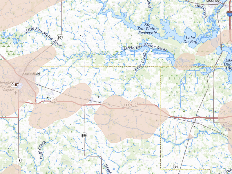Radar-estimated hail-size map of the storm over Auburndale, WI on Apr 13, 2026