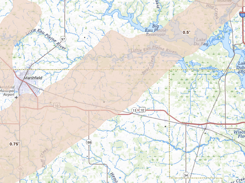 Radar-estimated hail-size map of the storm over Auburndale, WI on Apr 17, 2026