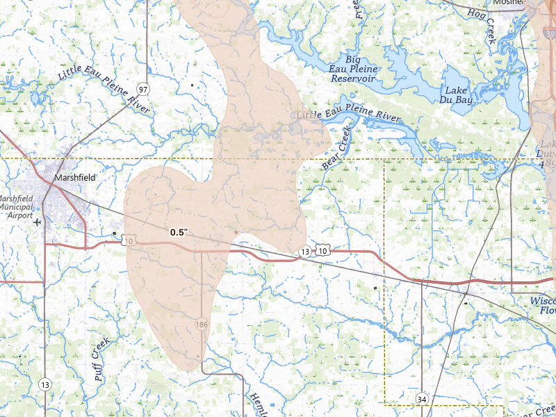 Radar-estimated hail-size map of the storm over Auburndale, WI on May 27, 2026