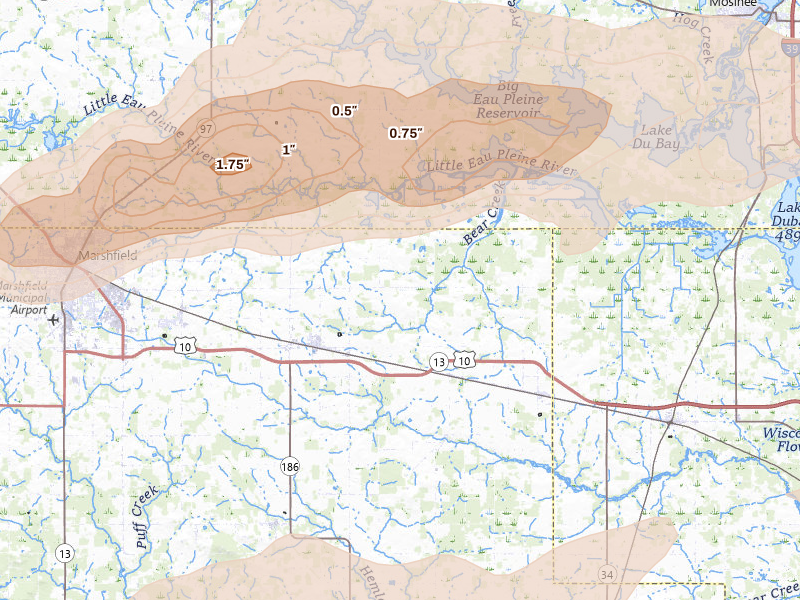 Radar-estimated hail-size map of the storm over Auburndale, WI on Jun 30, 2026