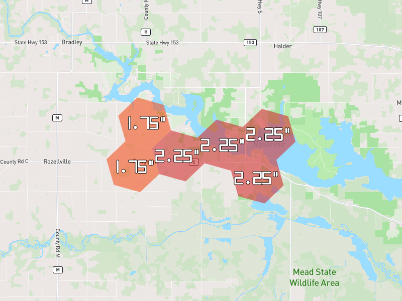Hail map of Auburndale, WI on Jun 30, 2026, hail up to 2.25"