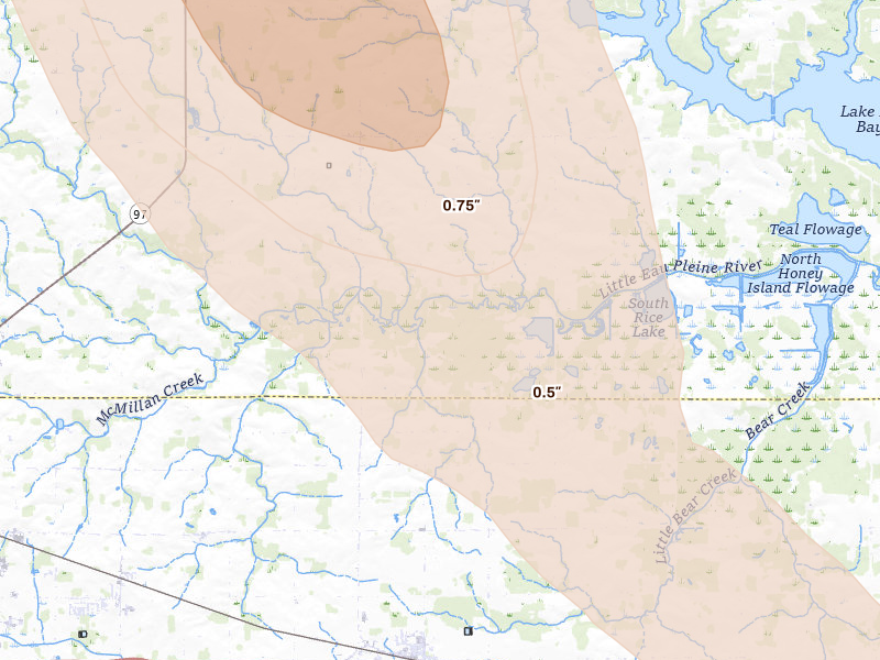 Radar-estimated hail-size map of the storm over Auburndale, WI on Aug 11, 2026