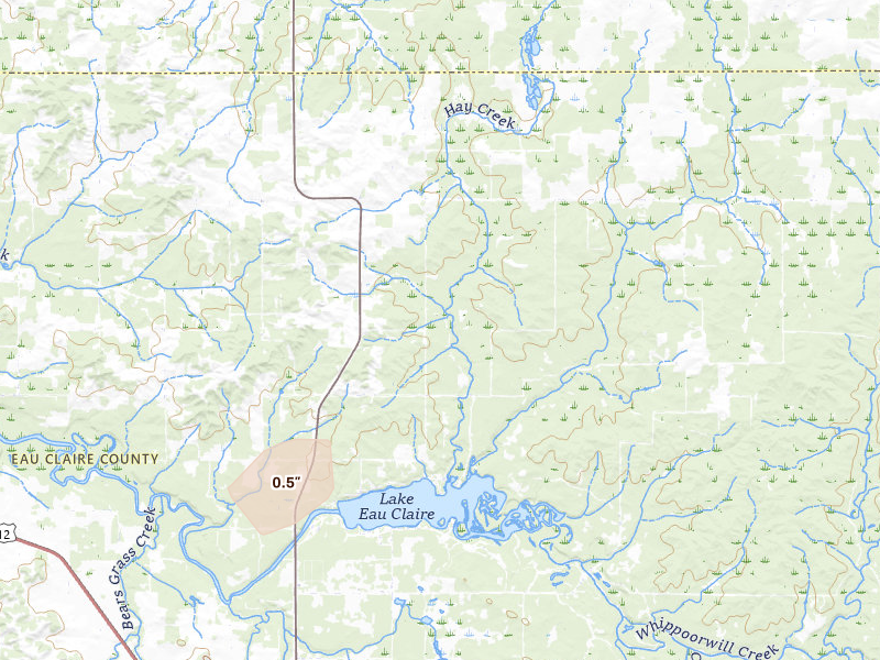 Radar-estimated hail-size map of the storm over Augusta, WI on Apr 13, 2026