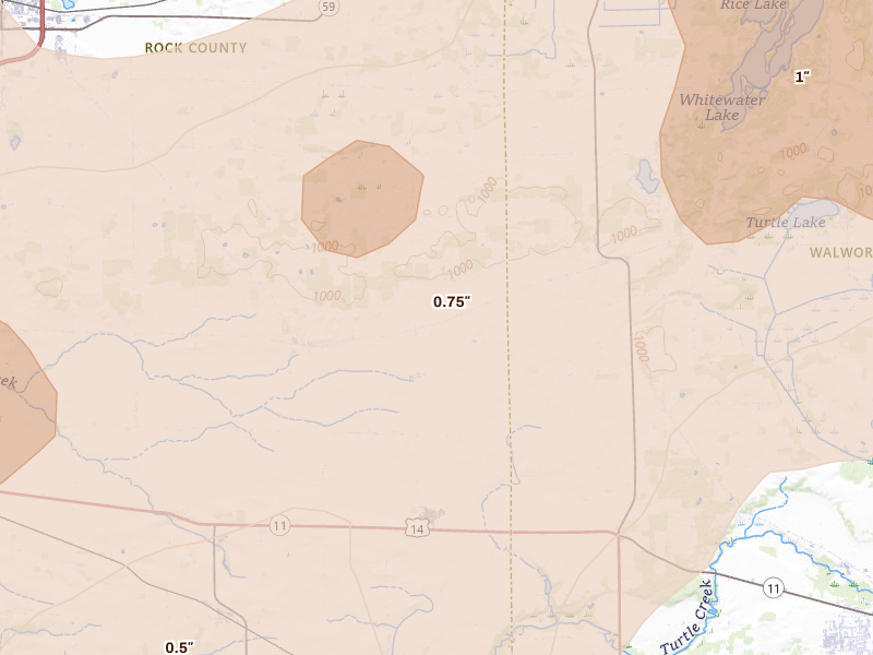 Radar-estimated hail-size map of the storm over Avalon, WI on Apr 17, 2026