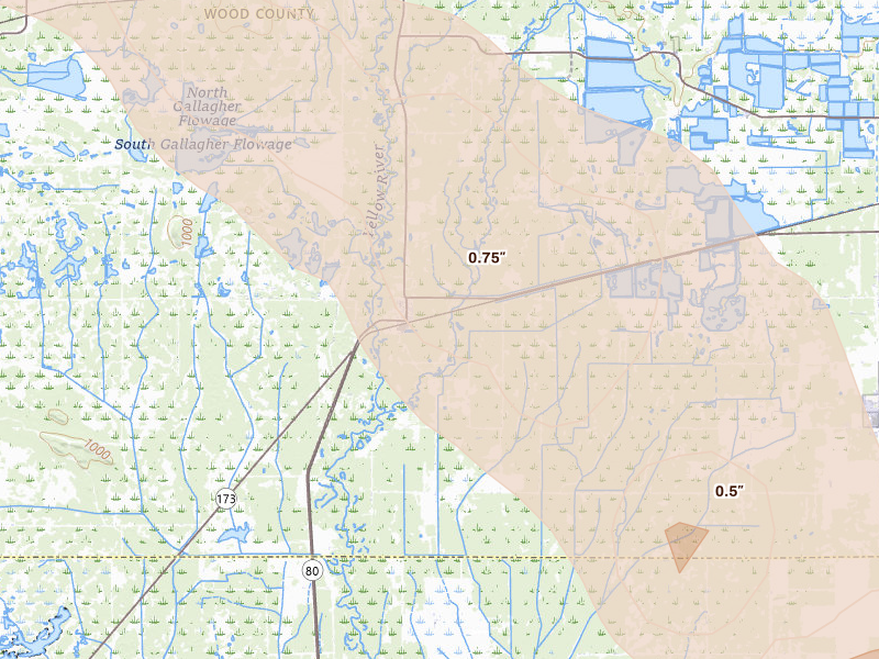 Radar-estimated hail-size map of the storm over Babcock, WI on Aug 11, 2026