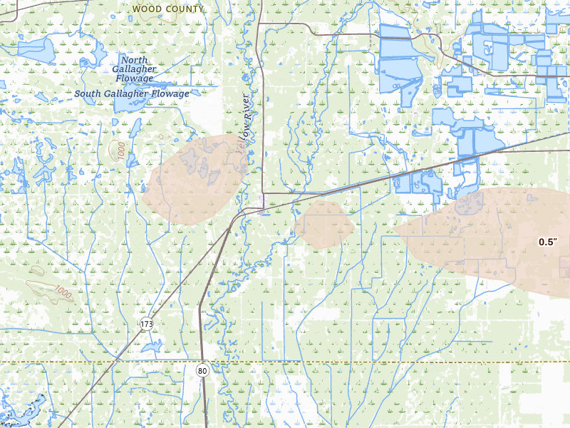 Radar-estimated hail-size map of the storm over Babcock, WI on Aug 18, 2026