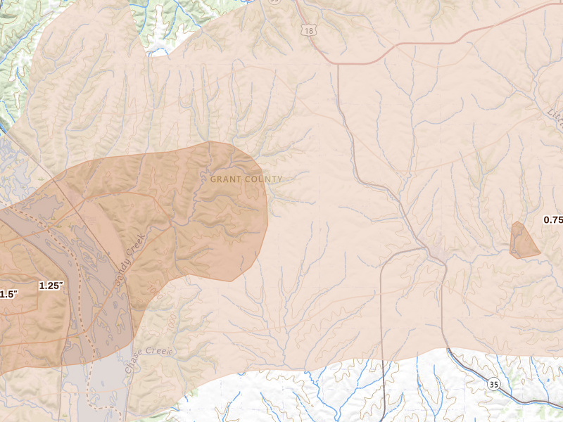 Radar-estimated hail-size map of the storm over Bagley, WI on Apr 14, 2026