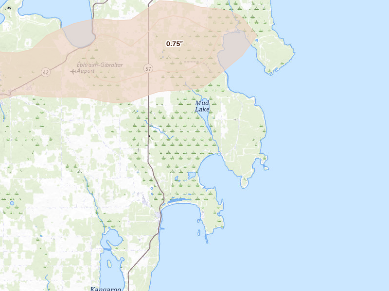 Radar-estimated hail-size map of the storm over Baileys Harbor, WI on Jun 28, 2026