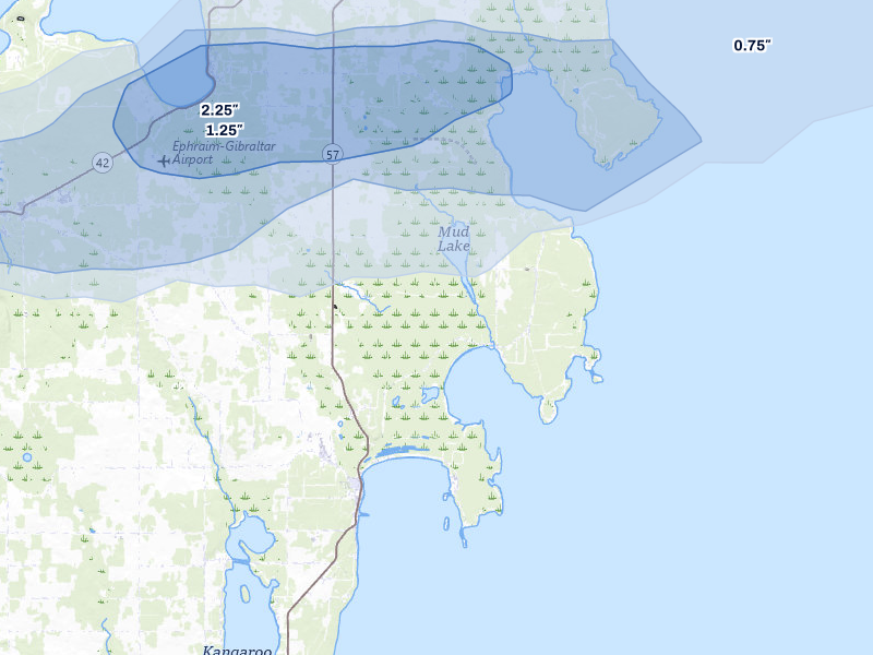 NEXRAD radar-signature map of the hail storm over Baileys Harbor, WI on Jun 28, 2026