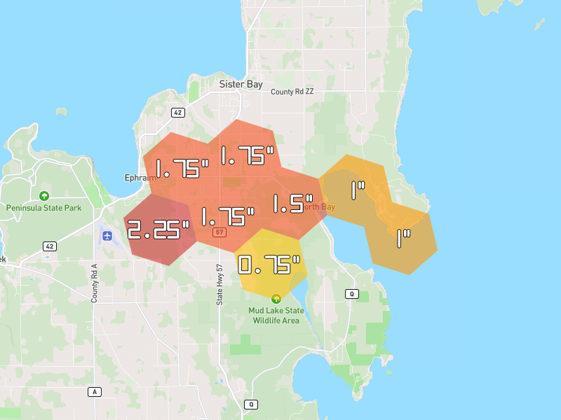 Hail map of Baileys Harbor, WI on Jun 29, 2026, hail up to 2.25"