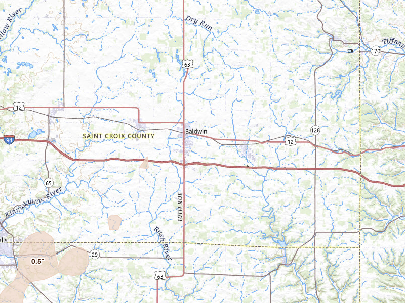 Radar-estimated hail-size map of the storm over Baldwin, WI on Apr 17, 2026