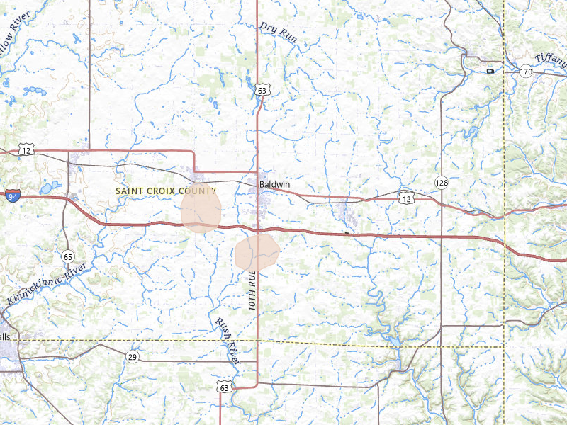 Radar-estimated hail-size map of the storm over Baldwin, WI on Jul 17, 2026