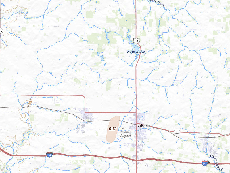 Radar-estimated hail-size map of the storm over Baldwin, WI on Aug 3, 2026