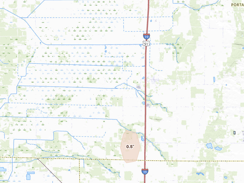 Radar-estimated hail-size map of the storm over Bancroft, WI on Jun 10, 2026
