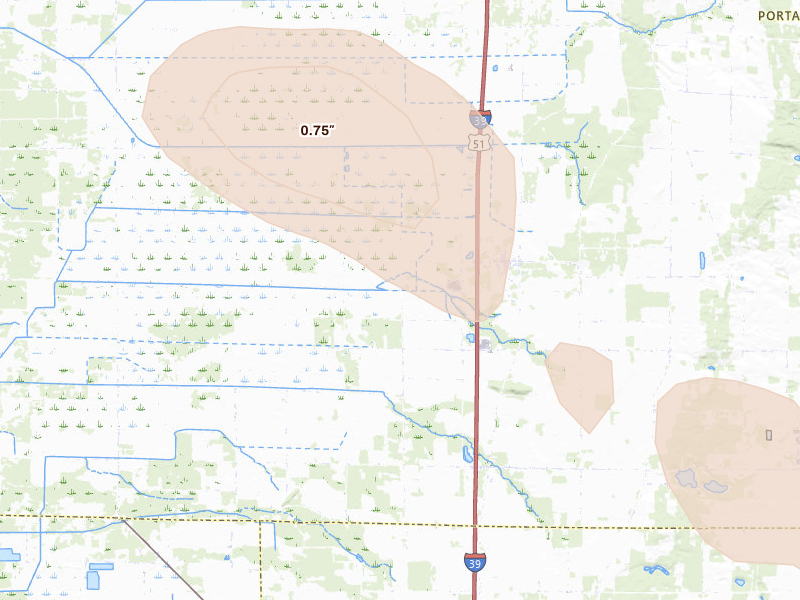Radar-estimated hail-size map of the storm over Bancroft, WI on Jun 24, 2026
